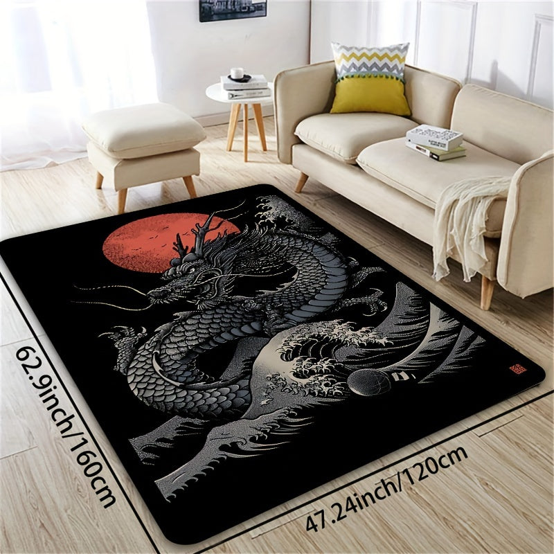 1pc Chinese Dragon Gaming Room Rug, 8mm Thick Polyester Rectangle Mat, Machine Washable, Decorative Indoor Carpet for Bedroom, Living Room, Laundry, Bathroom, Kitchen Entrance - Washable and Durable