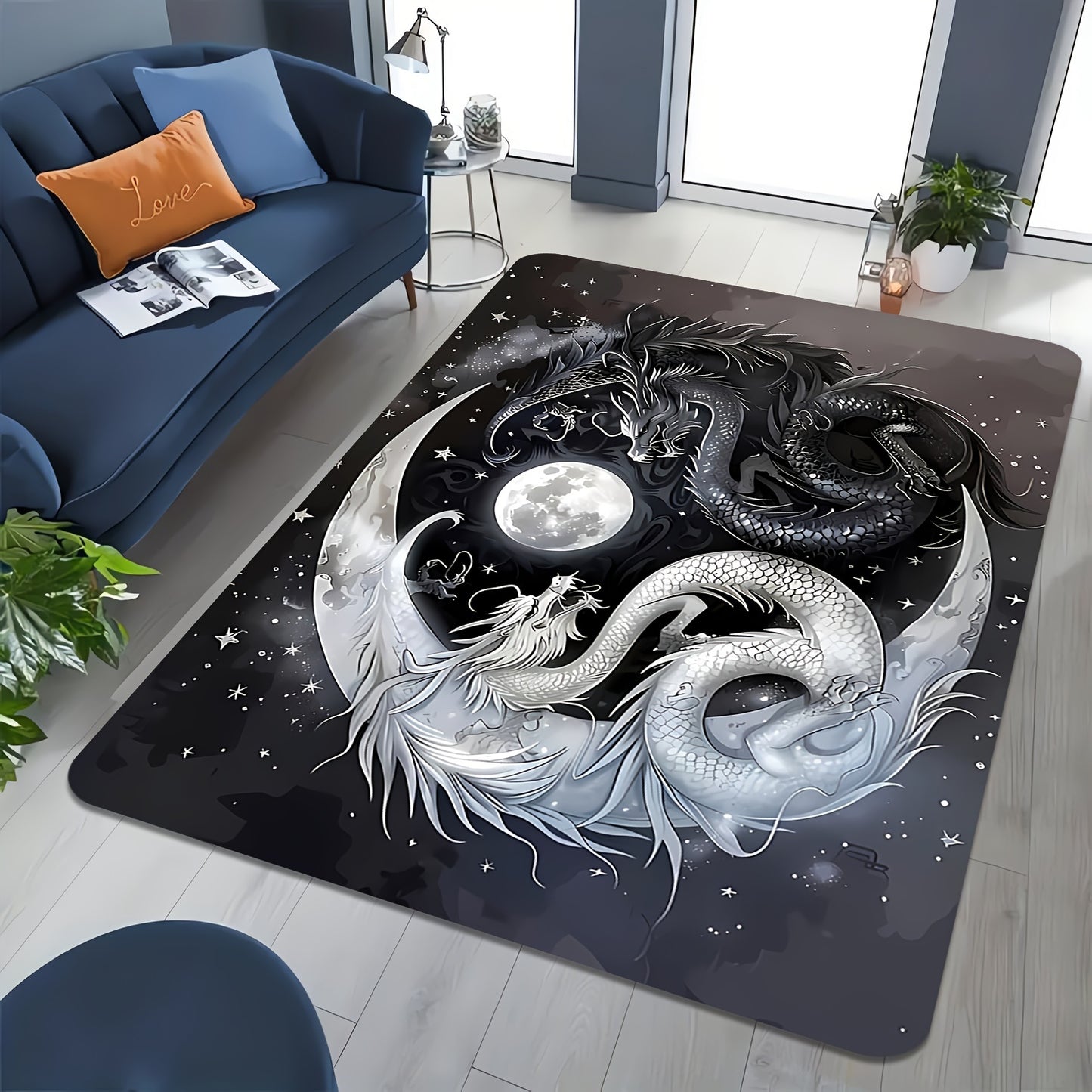 1pc, Black and White Double Dragon Design Carpet - Anti-Slip, Washable, Stain-Resistant, Anti-Fatigue - Living Room Coffee Table Rug, Bedroom, Entryway Mat, Dining, Hallway, Game Room, Office, Study, Bedroom Decor, High-Flann