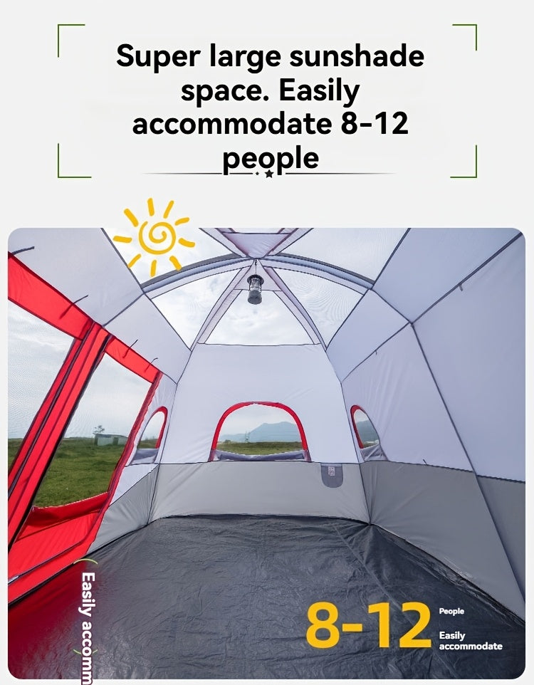 10-Person Outdoor Camping Tent with Vestibule, Solid Color, Square Shape, All-Season, Waterproof Oxford Cloth, Iron Bracket, Zipper Closure, Dual Rooms, Sun Protection for Family Parties, Climbing, Shed