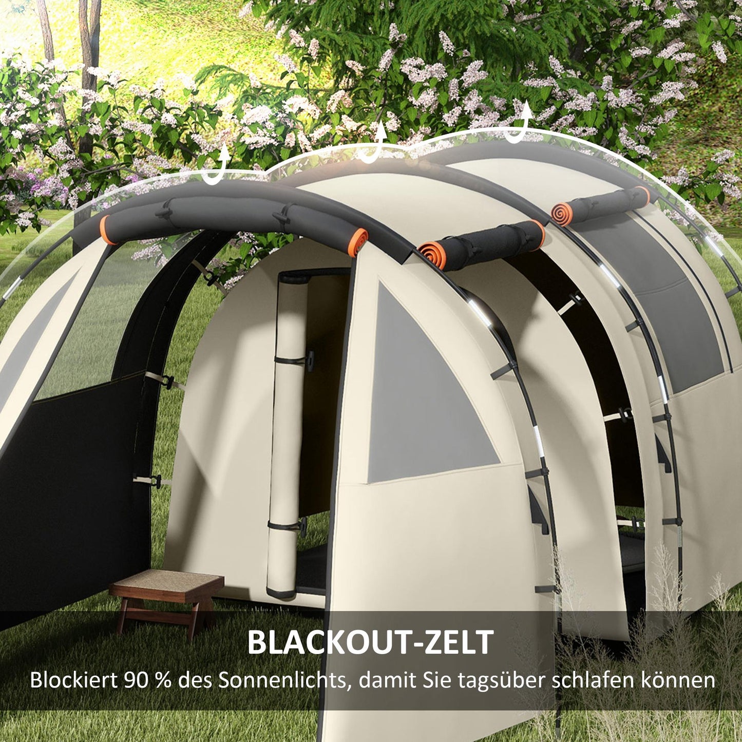 Outsunny Tunnel Tent, Camping Tent for 5 People, Family Tent with 2 Rooms, Side Windows, Carry Bag, 3000mm Water Repellent, for Garden, Campsite, Khaki