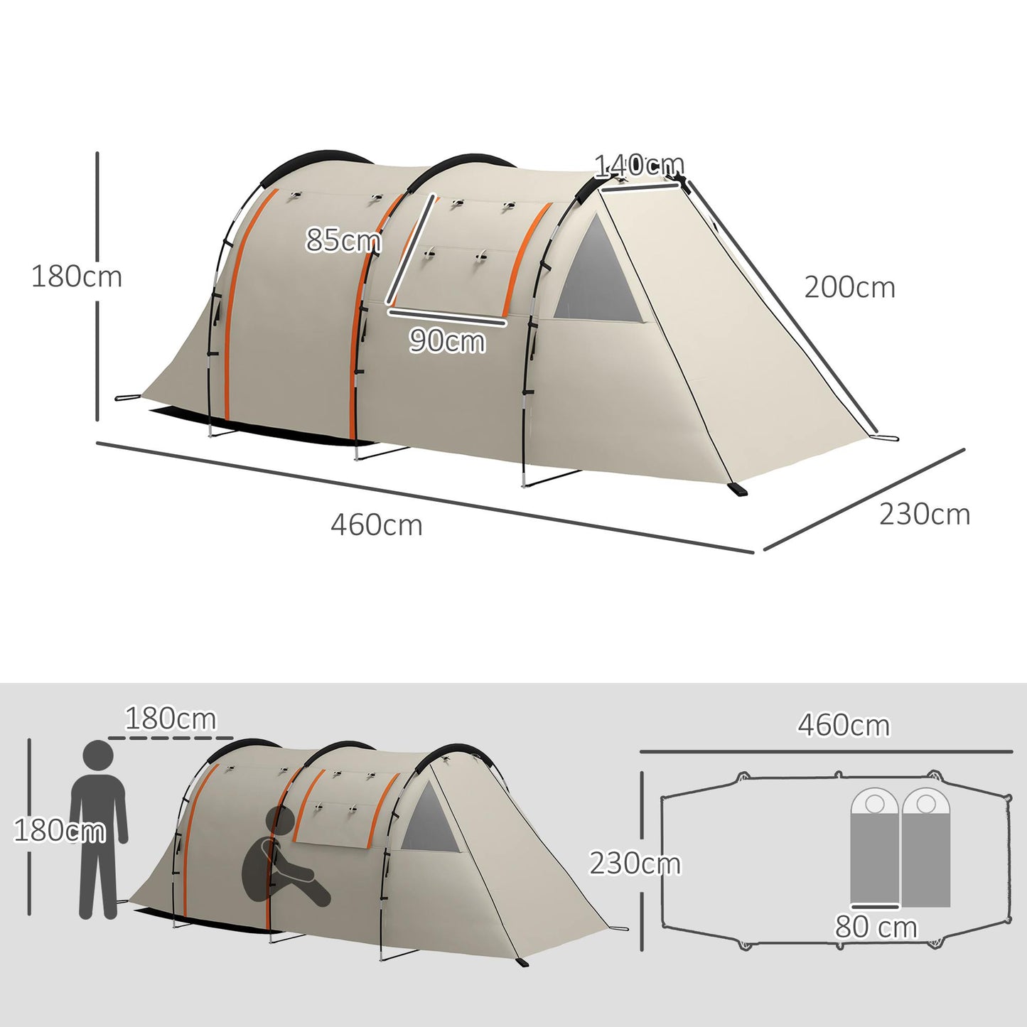 Outsunny Tunnel Tent, Camping Tent for 5 People, Family Tent with 2 Rooms, Side Windows, Carry Bag, 3000mm Water Repellent, for Garden, Campsite, Khaki