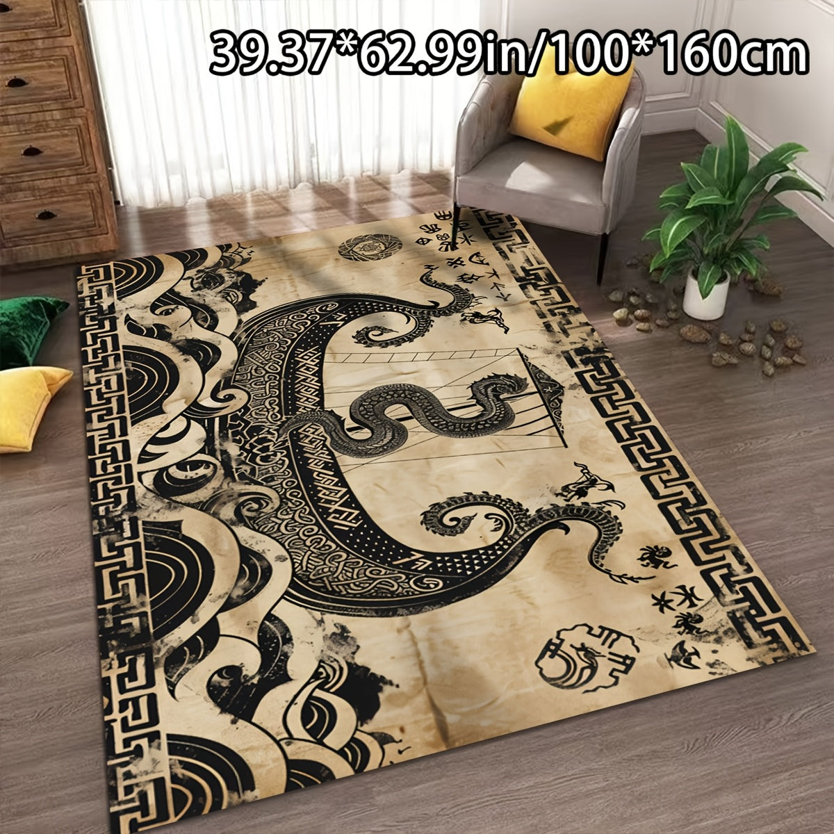 1pc ADSUVAN Luxury Dragon and Boat Modern Art Pattern Area Rug, Soft Crystal Velvet, 750g/m², Non-Slip Backing, Machine Washable, Rectangle Polyester Fiber Carpet for Living Room, Bedroom, Indoor Use - Multiple Sizes Availab