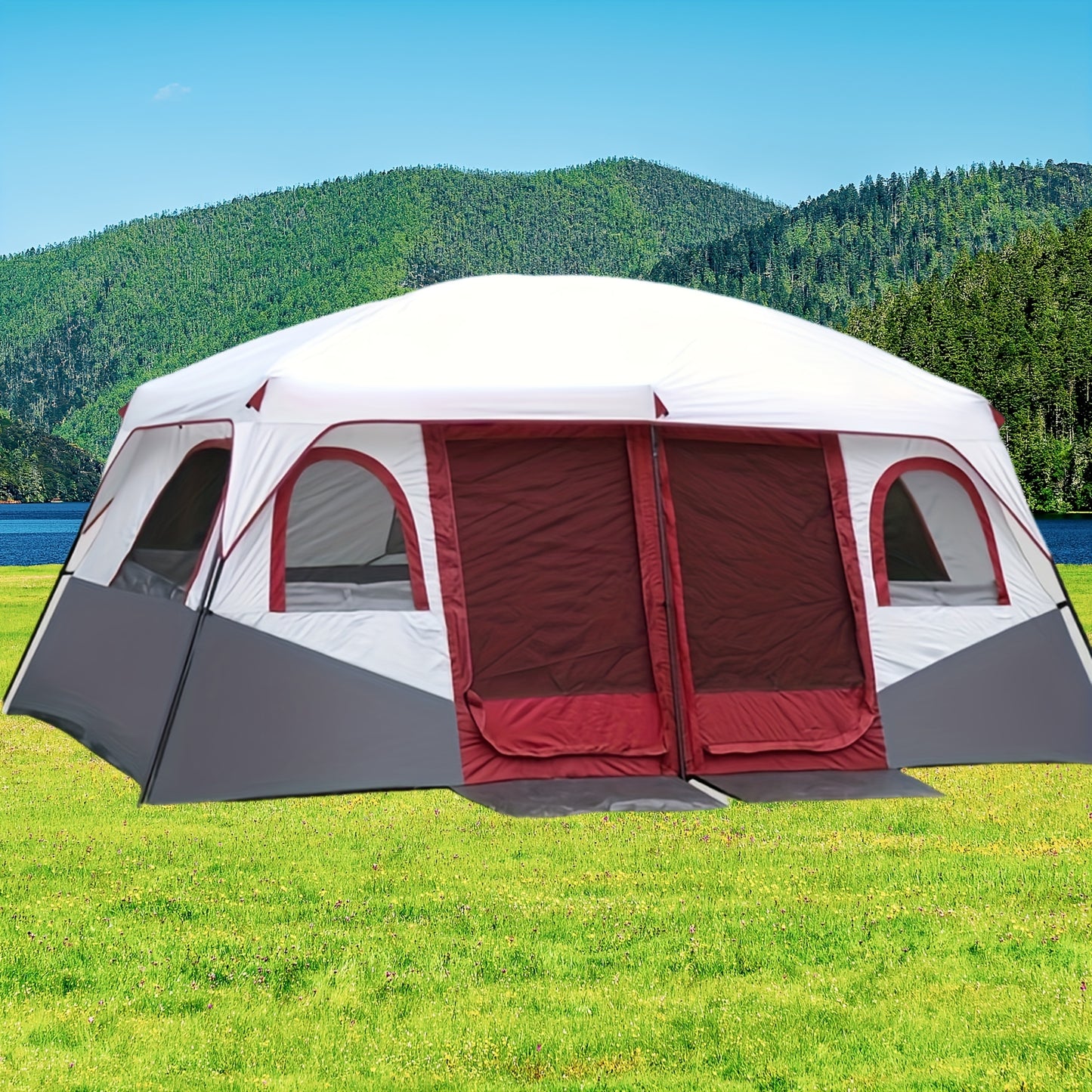 10-Person Outdoor Camping Tent with Vestibule, Solid Color, Square Shape, All-Season, Waterproof Oxford Cloth, Iron Bracket, Zipper Closure, Dual Rooms, Sun Protection for Family Parties, Climbing, Shed