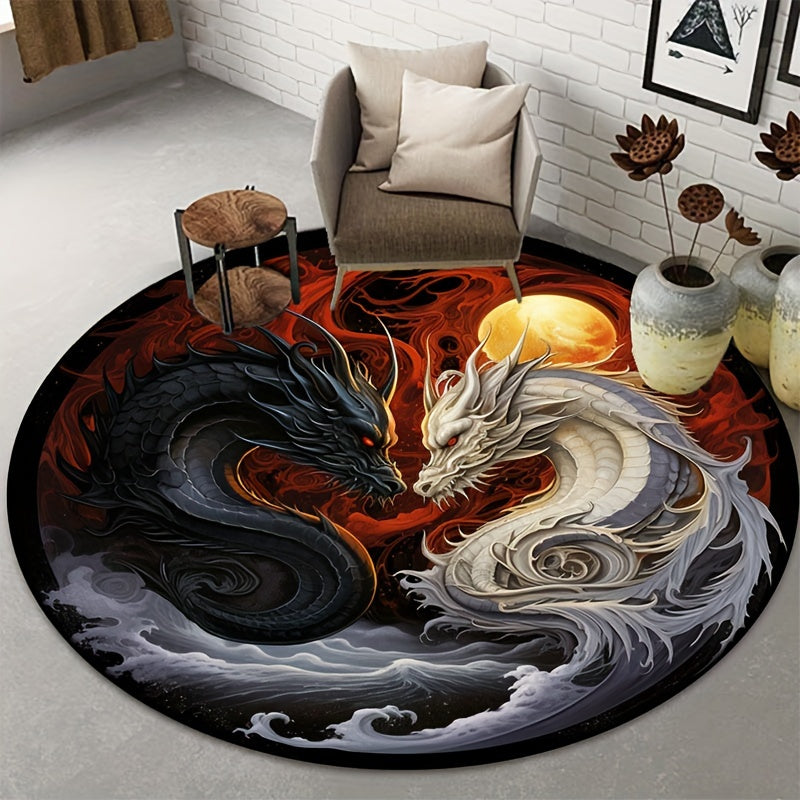 Striking Yin-Yang Dragon Design Round Rug - Non-Slip, Machine Washable Carpet in Vivid Black & White with Red Accents, Perfect for Living Room, Bedroom, Bathroom, Kitchen - Available in Multiple Sizes, Rugs for Living Room