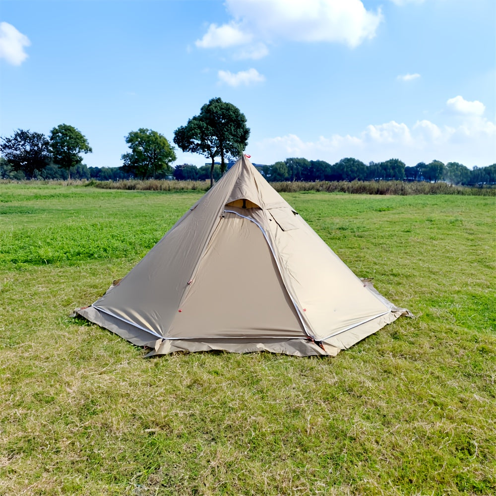 Octagonal Pyramid Tent, Four Season Camping Shelter with Chimney Hole, 160.02cm Tall, 3.2meter Diameter, Normal Waterproof Polyester, Zipper Closure, Alloy Brackets, Age 14+, Includes Chimney Safety Cloth.