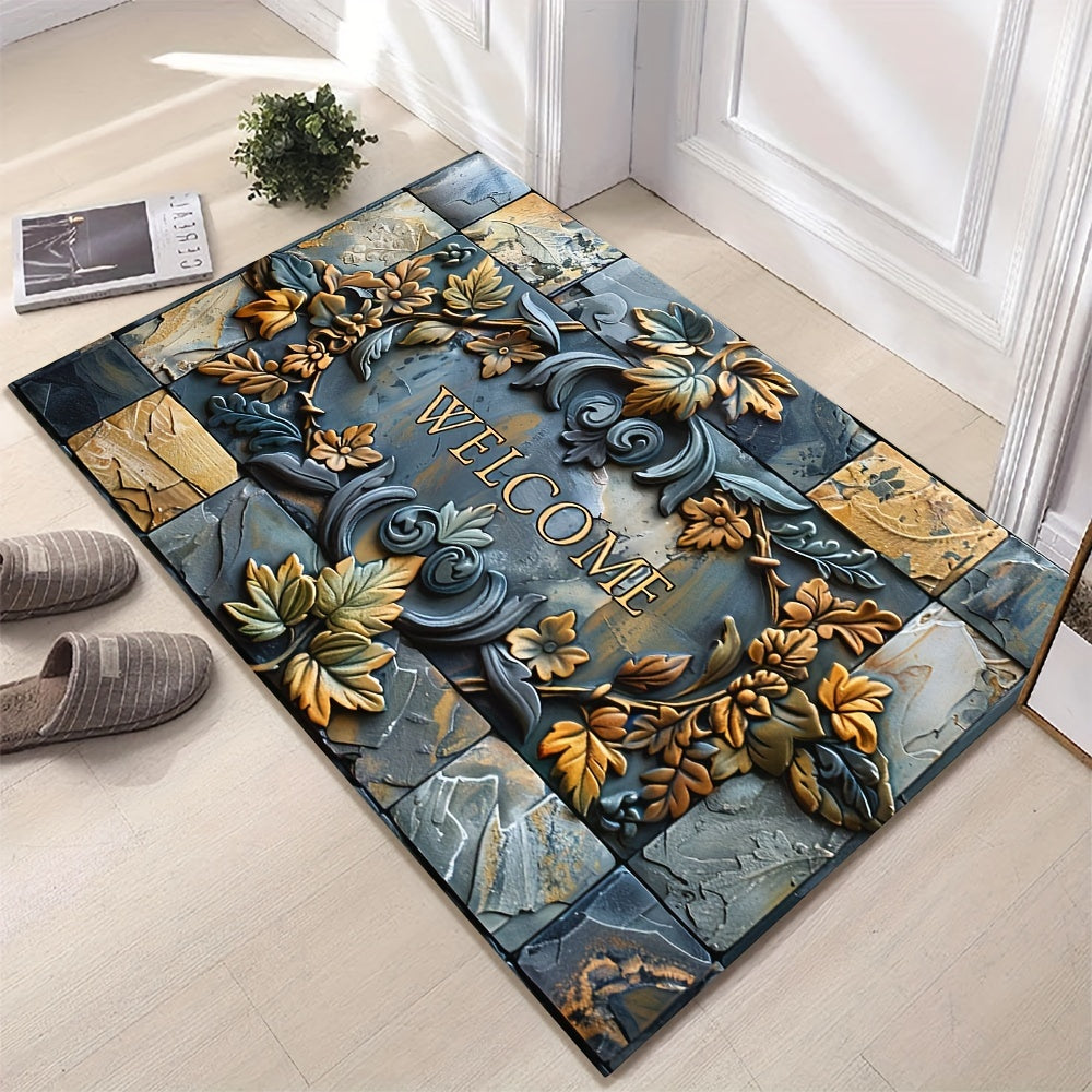 Luxurious 3D Stone & Botanical Embossed Welcome Mat - Non-Slip, Waterproof, Machine Washable Polyester Rug for Home & Outdoor Decor - Ideal for Entryway, Living Room, Bathroom