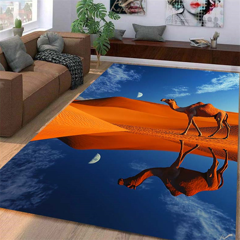 1pc 3D Camel Desert Print Anti-Slip Rug, Reflective Dunes and Moonlight Pattern, Washable Durable Polyester Carpet for Office, Living Room, Bedroom, Hallway Decor