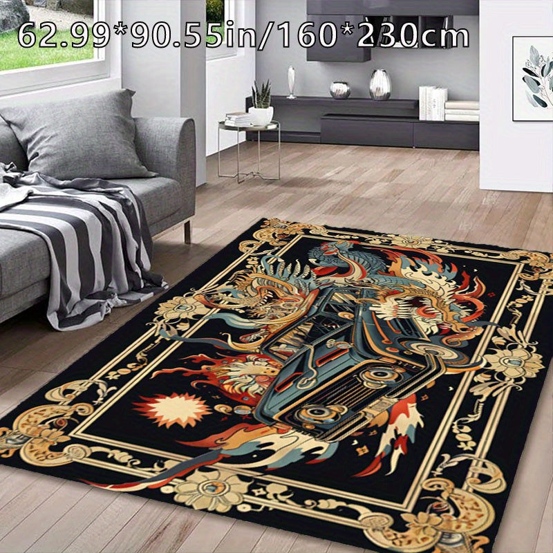 Luxury European Abstract Car & Dragon Design Area Rug - Ultra-Soft Crystal Velvet, Non-Slip Backing, Machine Washable for Living Room, Bedroom, Outdoor, and More - Versatile Home Decor, Christmas Decor