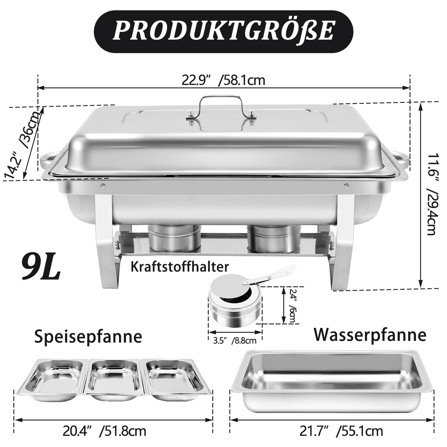 9L 2/4/6/8pcs Chafing Dish Edelstahl Buffet-Set Warmhaltebehälter Speisenwärmer Wärmebehälter Rechaud für Catering, Buffet und Party