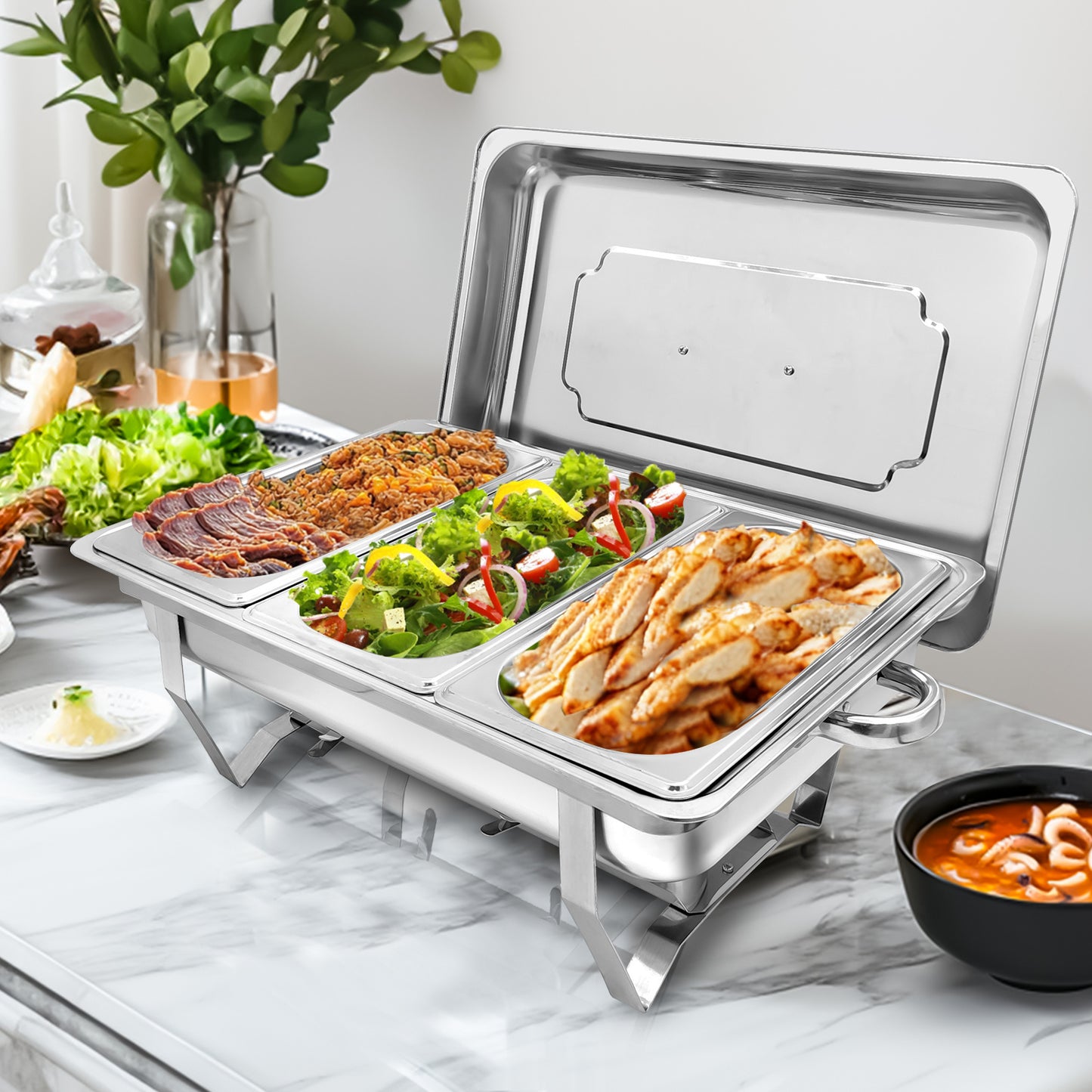 9L 2/4/6/8pcs Chafing Dish Edelstahl Buffet-Set Warmhaltebehälter Speisenwärmer Wärmebehälter Rechaud für Catering, Buffet und Party