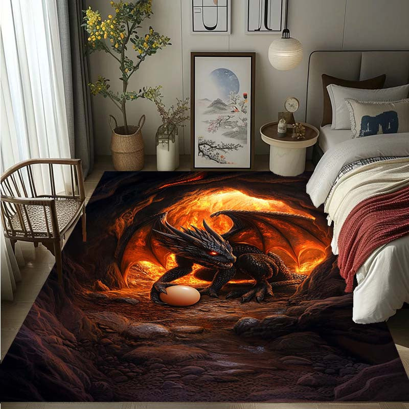 [1pc Burning Cave Black Dragon Non-Slip Area Rug] Burning Cave Black Dragon and Egg Design Non-Slip Area Rug, Large Polyester Floor Carpet, Durable, Washable, with Special Features for Bedroom, Living Room, Dorm, Balcony Deco