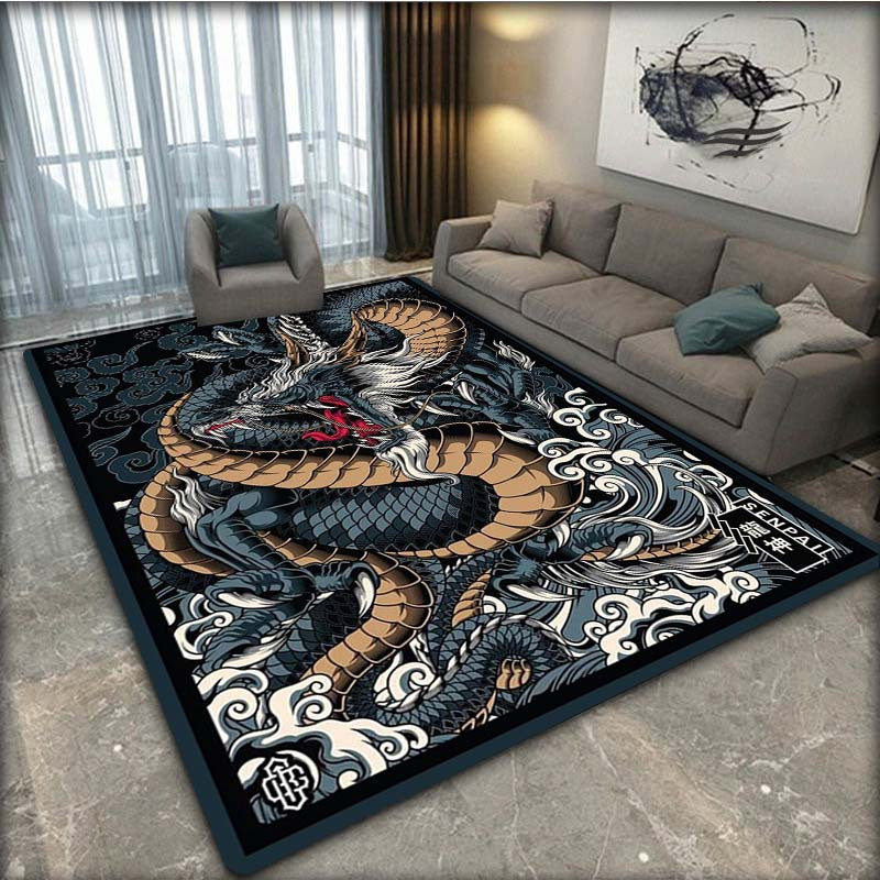 Machine Washable Dragon Area Rug - Flat Woven, Non-Slip, Lightweight, Washable Polyester Fiber Material with PVC Backing for Indoor Use in Office and Bedroom