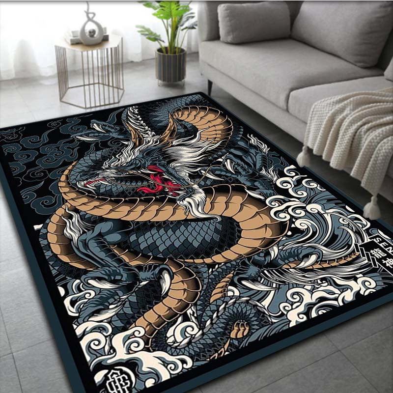 Machine Washable Dragon Area Rug - Flat Woven, Non-Slip, Lightweight, Washable Polyester Fiber Material with PVC Backing for Indoor Use in Office and Bedroom