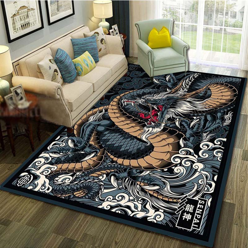 Machine Washable Dragon Area Rug - Flat Woven, Non-Slip, Lightweight, Washable Polyester Fiber Material with PVC Backing for Indoor Use in Office and Bedroom