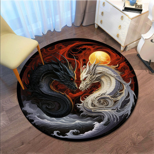 Striking Yin-Yang Dragon Design Round Rug - Non-Slip, Machine Washable Carpet in Vivid Black & White with Red Accents, Perfect for Living Room, Bedroom, Bathroom, Kitchen - Available in Multiple Sizes, Rugs for Living Room