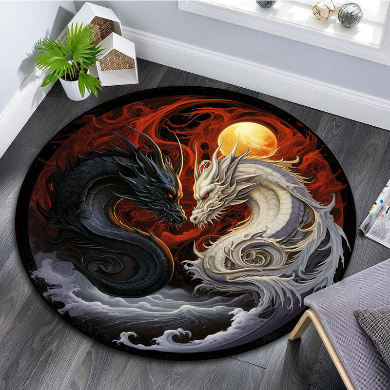 Striking Yin-Yang Dragon Design Round Rug - Non-Slip, Machine Washable Carpet in Vivid Black & White with Red Accents, Perfect for Living Room, Bedroom, Bathroom, Kitchen - Available in Multiple Sizes, Rugs for Living Room