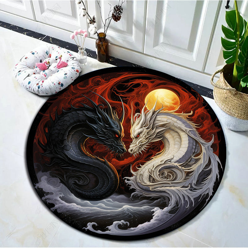 Striking Yin-Yang Dragon Design Round Rug - Non-Slip, Machine Washable Carpet in Vivid Black & White with Red Accents, Perfect for Living Room, Bedroom, Bathroom, Kitchen - Available in Multiple Sizes, Rugs for Living Room