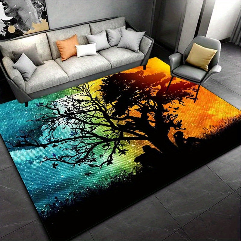 1pc, 800g/m2 Crystal Velvet 3D Day And Night Lovers Tree Pattern Rug, Dream Tree Carpet, Suitable For Living Room Bedroom Laundry Room, Machine Washable, Home Decor, Valentine's Day Gifts