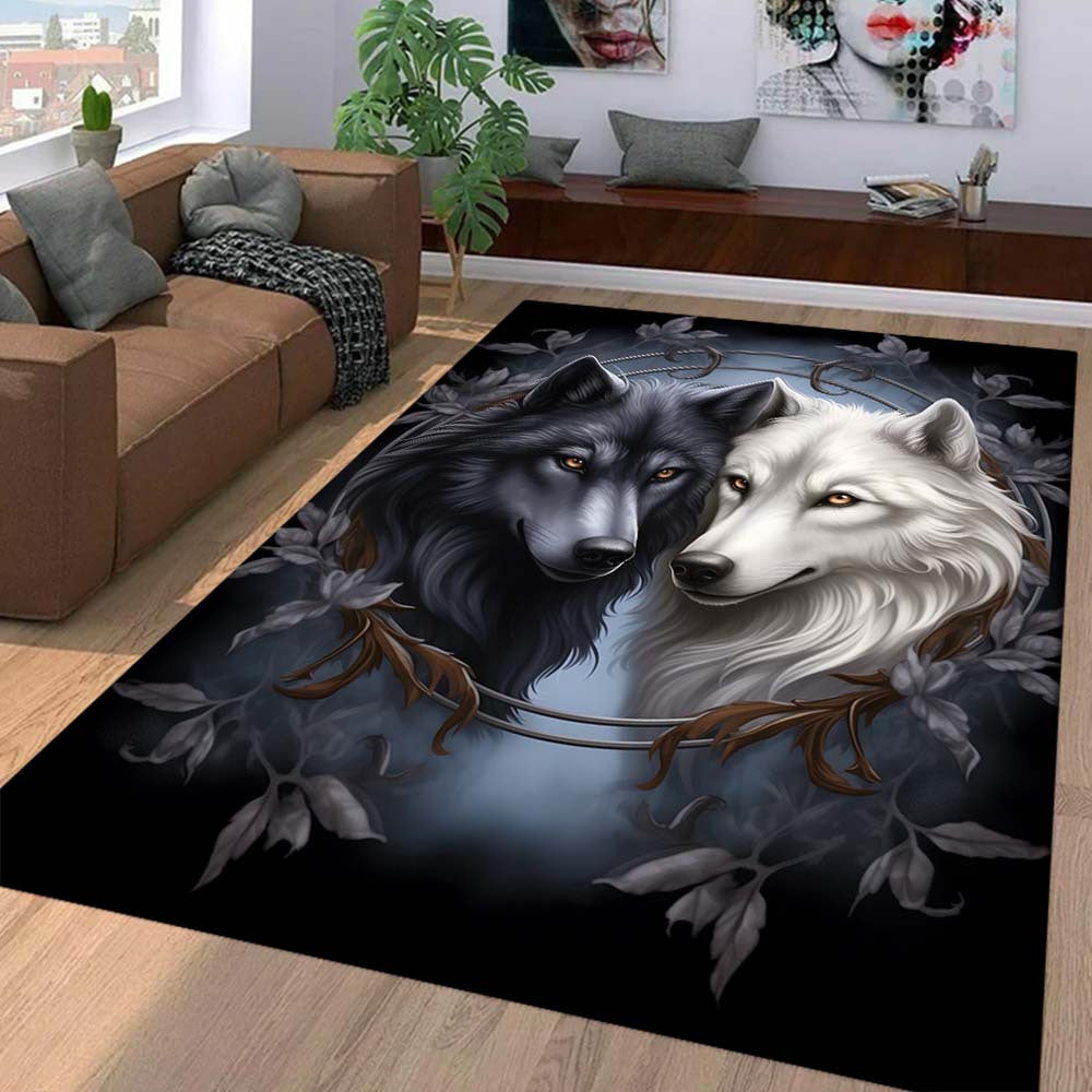 [Popular Choice] 1pc Yin Yang Wolves for Galaxy Area Rug - Ultra-Soft 800g/m2 Crystal Velvet, Black & White with Mystical Leaf Motif, Large Decorative Carpet for Living Room & Bedroom, Machine Washable, Adds Artistic Nature T