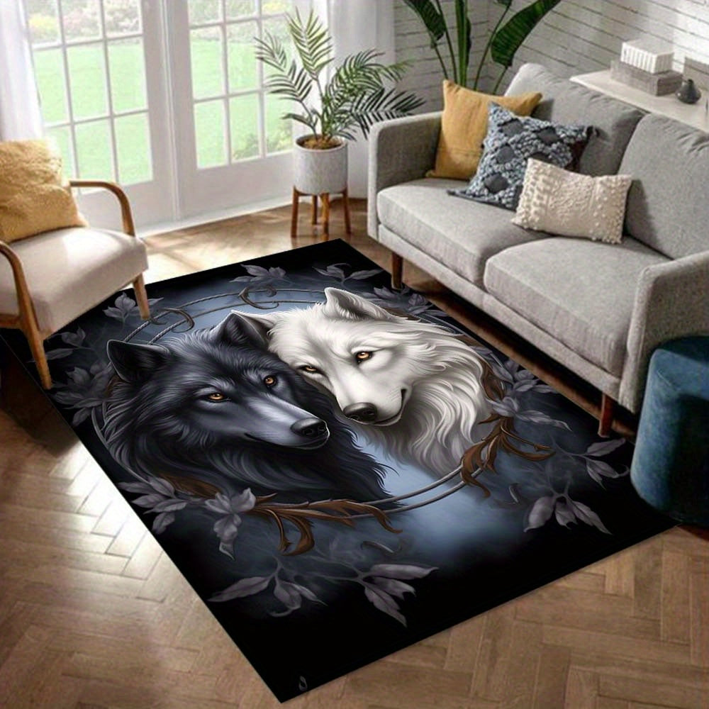 [Popular Choice] 1pc Yin Yang Wolves for Galaxy Area Rug - Ultra-Soft 800g/m2 Crystal Velvet, Black & White with Mystical Leaf Motif, Large Decorative Carpet for Living Room & Bedroom, Machine Washable, Adds Artistic Nature T