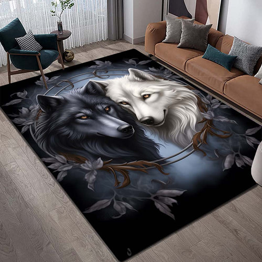 [Popular Choice] 1pc Yin Yang Wolves for Galaxy Area Rug - Ultra-Soft 800g/m2 Crystal Velvet, Black & White with Mystical Leaf Motif, Large Decorative Carpet for Living Room & Bedroom, Machine Washable, Adds Artistic Nature T