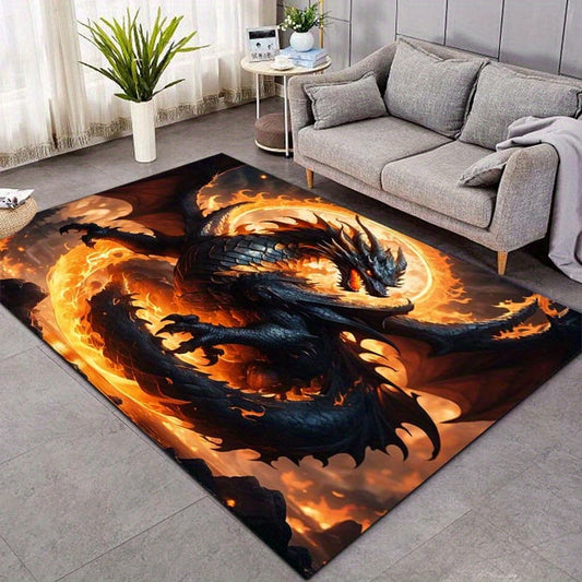 Flying Fire Dragon Plush Rug - Anti-Slip, Indoor/Outdoor Floor Mat for Patio, Garden, Bedroom, Living Room - Durable Polyester, 800g/m2