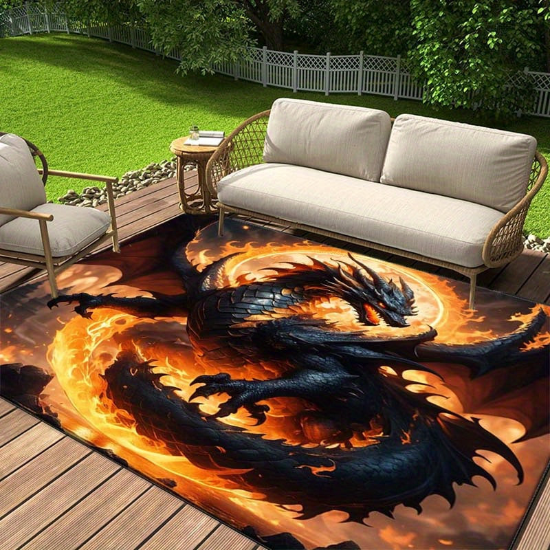 Flying Fire Dragon Plush Rug - Anti-Slip, Indoor/Outdoor Floor Mat for Patio, Garden, Bedroom, Living Room - Durable Polyester, 800g/m2