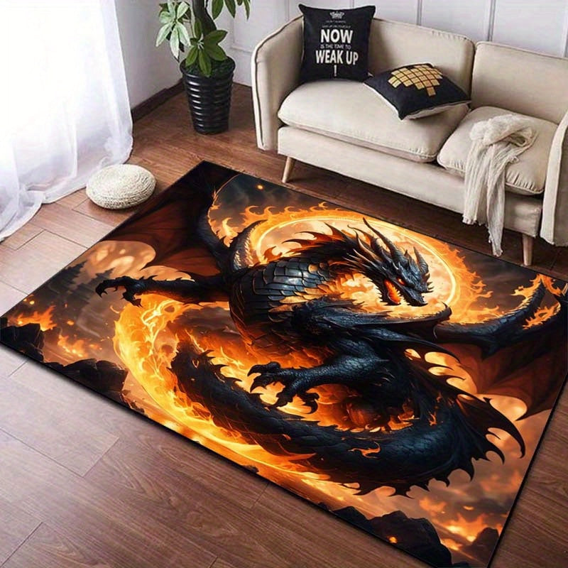 Flying Fire Dragon Plush Rug - Anti-Slip, Indoor/Outdoor Floor Mat for Patio, Garden, Bedroom, Living Room - Durable Polyester, 800g/m2