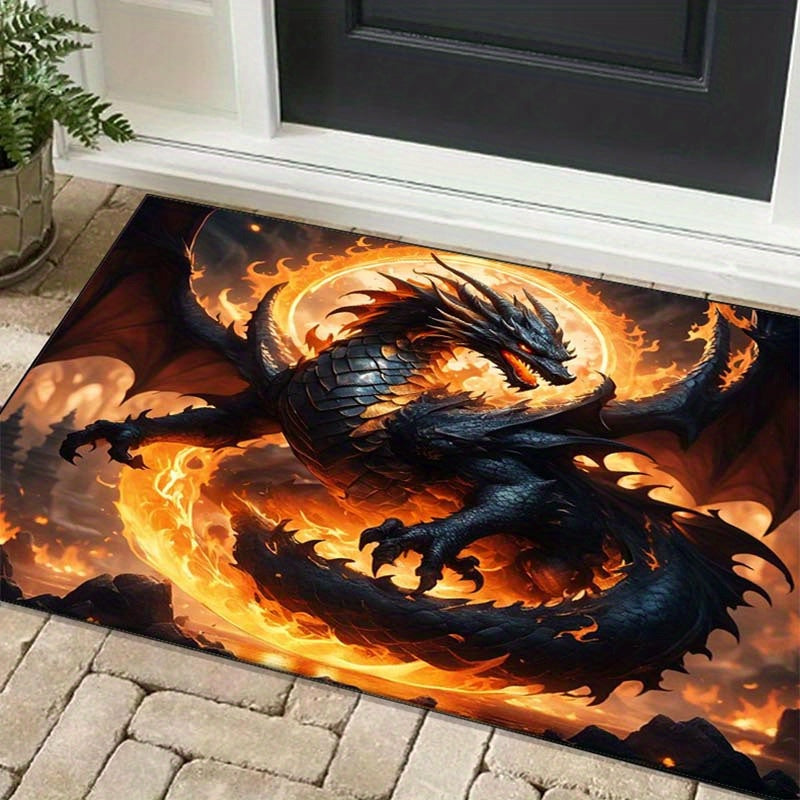 Flying Fire Dragon Plush Rug - Anti-Slip, Indoor/Outdoor Floor Mat for Patio, Garden, Bedroom, Living Room - Durable Polyester, 800g/m2