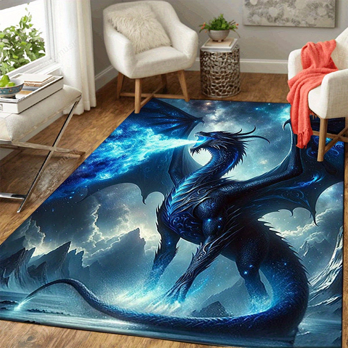 Intricate Detail, Dragon Fire 3D Area Rug - Large, Non-Slip Polyester Floor Mat for Living Room, Bedroom, Office, and Outdoor Decor, Rugs for Living Room