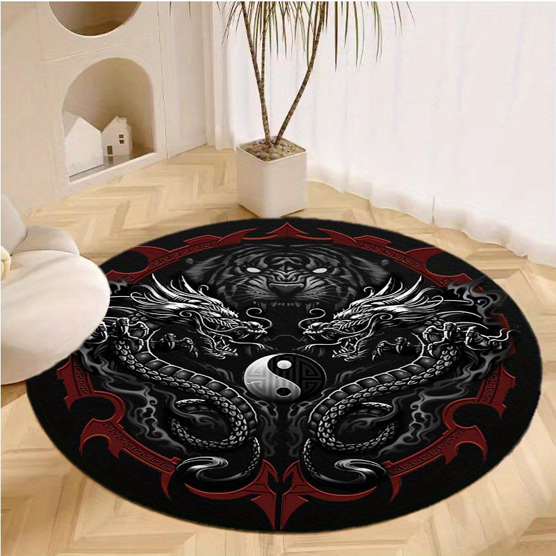 1pc Yin Yang Black Dragon Tiger Round Rug Non-slip Area Rug Office Chair Mat Carpet for Living Room Bedroom Home Decor