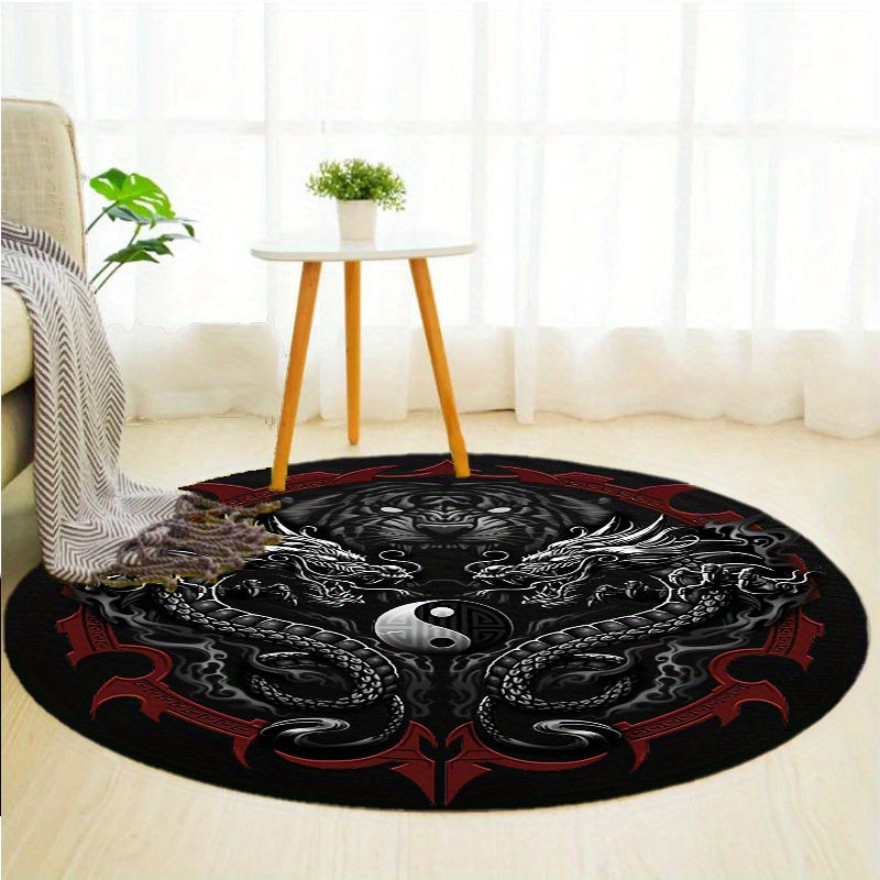 1pc Yin Yang Black Dragon Tiger Round Rug Non-slip Area Rug Office Chair Mat Carpet for Living Room Bedroom Home Decor