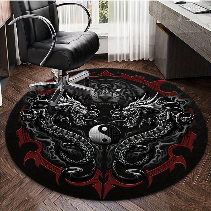 1pc Yin Yang Black Dragon Tiger Round Rug Non-slip Area Rug Office Chair Mat Carpet for Living Room Bedroom Home Decor