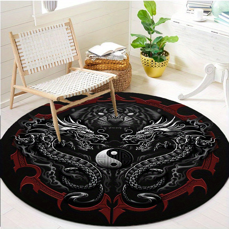 1pc Yin Yang Black Dragon Tiger Round Rug Non-slip Area Rug Office Chair Mat Carpet for Living Room Bedroom Home Decor