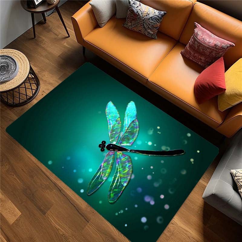 Green Dragonfly Crystal Velvet Rug - 800Gsm, Machine Washable, Non-Slip Indoor Carpet For Modern Living Room & Bedroom Decor