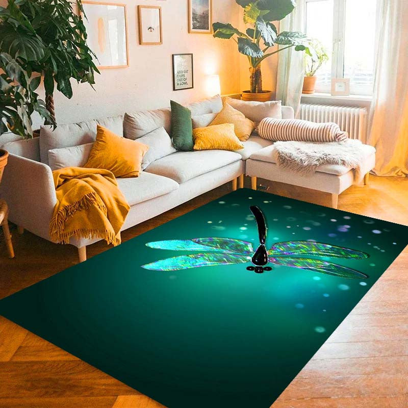 Green Dragonfly Crystal Velvet Rug - 800Gsm, Machine Washable, Non-Slip Indoor Carpet For Modern Living Room & Bedroom Decor