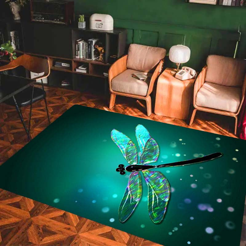 Green Dragonfly Crystal Velvet Rug - 800Gsm, Machine Washable, Non-Slip Indoor Carpet For Modern Living Room & Bedroom Decor