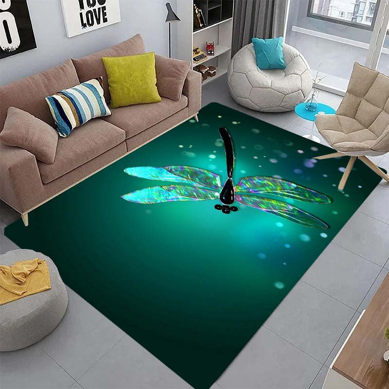 Green Dragonfly Crystal Velvet Rug - 800Gsm, Machine Washable, Non-Slip Indoor Carpet For Modern Living Room & Bedroom Decor