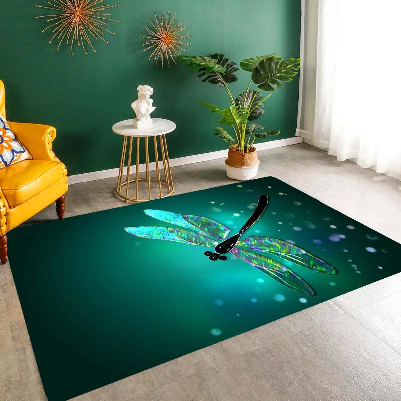 Green Dragonfly Crystal Velvet Rug - 800Gsm, Machine Washable, Non-Slip Indoor Carpet For Modern Living Room & Bedroom Decor