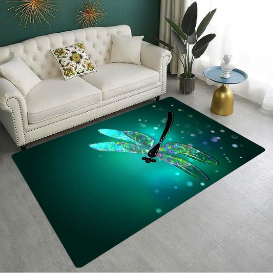 Green Dragonfly Crystal Velvet Rug - 800Gsm, Machine Washable, Non-Slip Indoor Carpet For Modern Living Room & Bedroom Decor