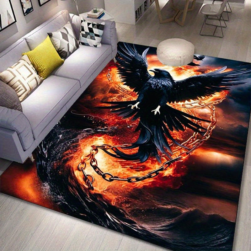 Plush 3D Crow Print Area Rug - Anti-Slip, Soft Polyester Carpet For Living Room, Bedroom, And Hallway Decor - Large Size Available