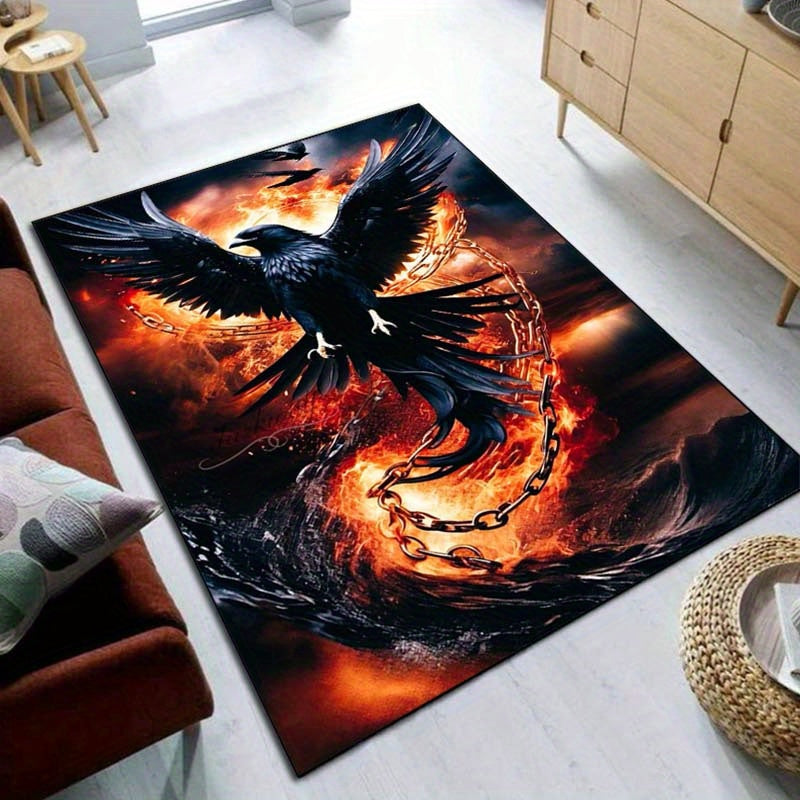 Plush 3D Crow Print Area Rug - Anti-Slip, Soft Polyester Carpet For Living Room, Bedroom, And Hallway Decor - Large Size Available