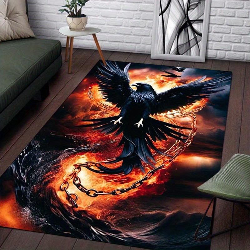 Plush 3D Crow Print Area Rug - Anti-Slip, Soft Polyester Carpet For Living Room, Bedroom, And Hallway Decor - Large Size Available