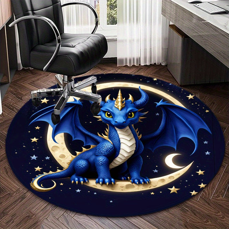 Cute Blue Dragon Round Rug - Soft Crystal Velvet, Non-Slip, Perfect for Living Room, Bedroom, or Office Chair Mat