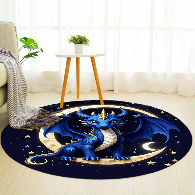 Cute Blue Dragon Round Rug - Soft Crystal Velvet, Non-Slip, Perfect for Living Room, Bedroom, or Office Chair Mat