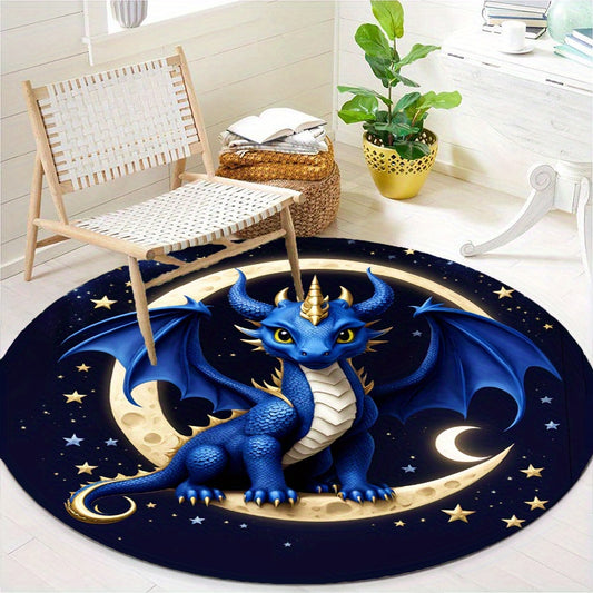 Cute Blue Dragon Round Rug - Soft Crystal Velvet, Non-Slip, Perfect for Living Room, Bedroom, or Office Chair Mat