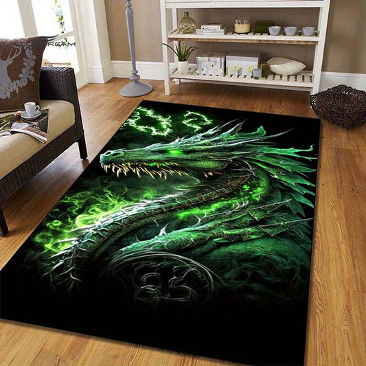 3D Magic Green Dragon Printed Area Rug, 800g/m2 Crystal Velvet Polyester Carpet for Living Room Bedroom Sofa Chair, Non-Slip Door Mat Home Decor, Sofa Chair Mat|Bold Statement Rug|Durable Area Rug