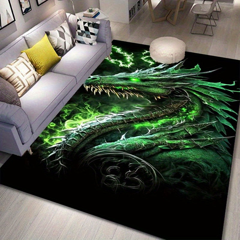 3D Magic Green Dragon Printed Area Rug, 800g/m2 Crystal Velvet Polyester Carpet for Living Room Bedroom Sofa Chair, Non-Slip Door Mat Home Decor, Sofa Chair Mat|Bold Statement Rug|Durable Area Rug