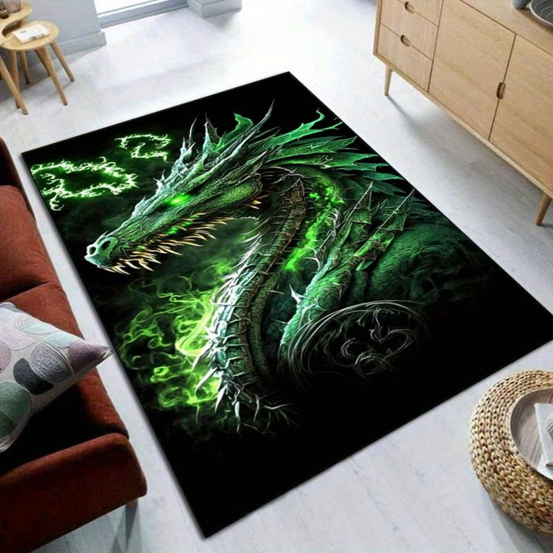 3D Magic Green Dragon Printed Area Rug, 800g/m2 Crystal Velvet Polyester Carpet for Living Room Bedroom Sofa Chair, Non-Slip Door Mat Home Decor, Sofa Chair Mat|Bold Statement Rug|Durable Area Rug