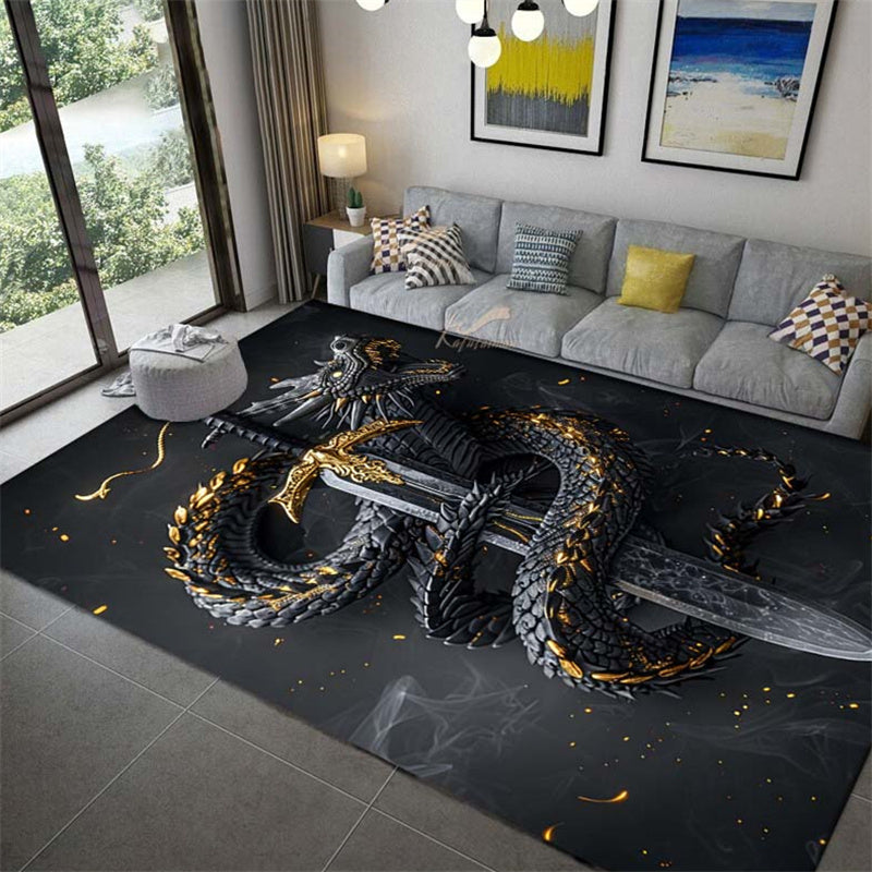 Dragon & Sword Design Area Rug - Large, Non-Slip Polyester Carpet for Living Room, Bedroom, and Office Decor